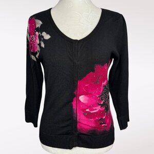 White House Black Market Pink Floral Rhinestone Cardigan Sweater Small